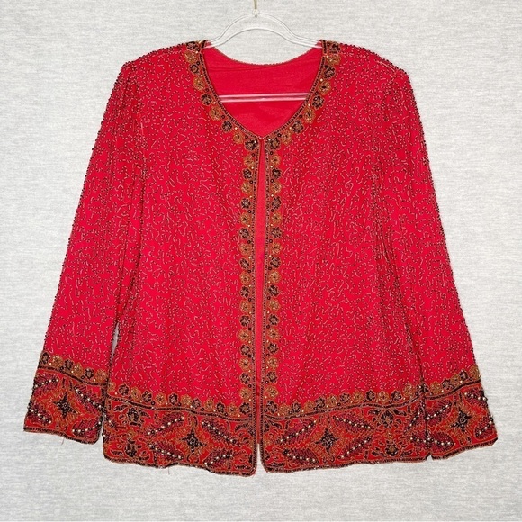 Vintage Beaded Jacket 100% Silk‎ Size Large Women’s Red Black Cardigan Stenay? - Picture 1 of 8